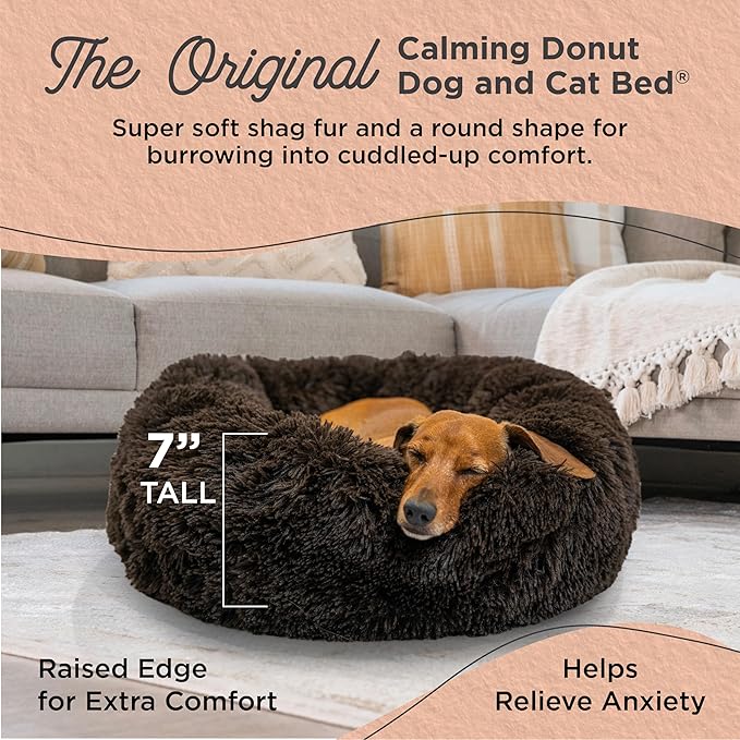 Best Friends by Sheri The Original Calming Donut Dog Bed – Washable Plush Pet Bed for Cats & Small Dogs up to 25 lbs, Shag Faux Fur, Dark Chocolate, Small (23" x 23")