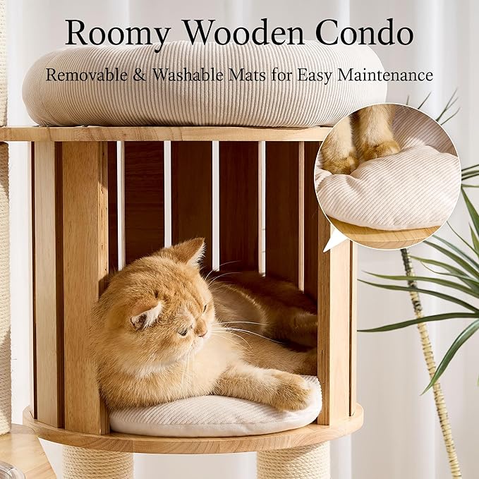 797Audio Solid Wood Cat Tree, 61" Large Modern Tall Cat Tower with Sisal Scratching Posts, Cat Condo, Capsule and Ladder, Aesthetic Multi-Level Cat Climbing Tree for Large Adult Indoor Adult Cats