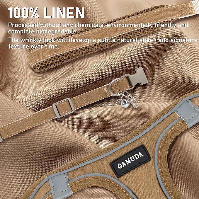 GAMUDA Small Pet Harness Collar and Leash Set, Step in No Chock No Pull Linen Fabric Soft Mesh Dog Vest Harnesses Reflective for Dogs Puppy Cats Kitten Rabbit (Brown, S)