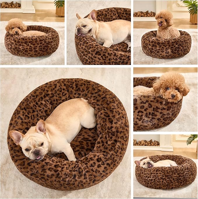 Dog Calming Beds for Small Medium Large Dogs - Round Donut Washable Puppy Dog Bed, Anti-Slip Faux Fur Fluffy Donut Cuddle Anxiety Cat Pet Bed (24" Leopard Print)