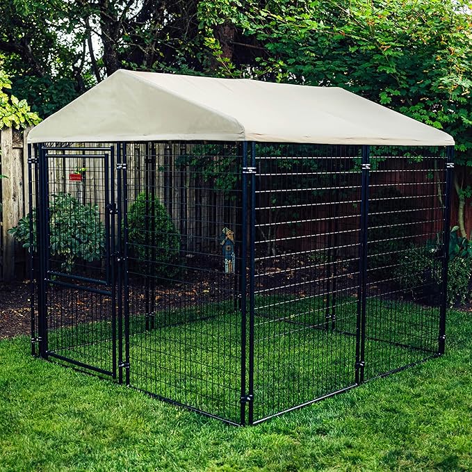 Lucky Dog Stay Series 8' x 8' x 6' Executive Black Powder Coat Steel Frame Large Outdoor Dog Kennel w/Waterproof Canopy Roof & Single Gate Door, Khaki