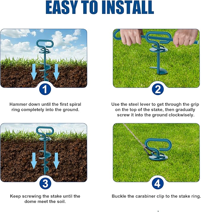 Eurmax USA Dog Tie Out Stake Triple Lock Heavy Duty Dog Anchor for Large Dogs Trampoline Stakes Dog for Yard and Outdoor Dog Runner Install & Travel Kit Included,2-Pack(Navy Blue)