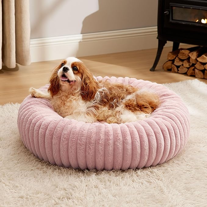 Bedsure Donut Medium Dog Bed - Washable Faux Fur with Corduroy Fleece & Anti Slip Bottom, Round Pet Bed with Removable Cover, Blush Pink, 30x30x8 inches