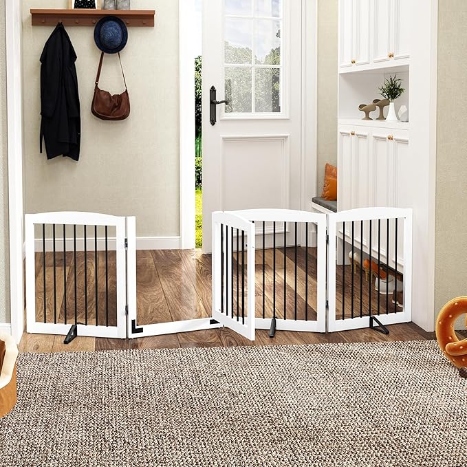 Freestanding Dog Gate with Door, Pet Gate for Stairs, 80 inch Wide Pet Barrier Indoor, Dog Fences Indoor, Support Feet Included, 4 Panels, 24" Tall, White & Black