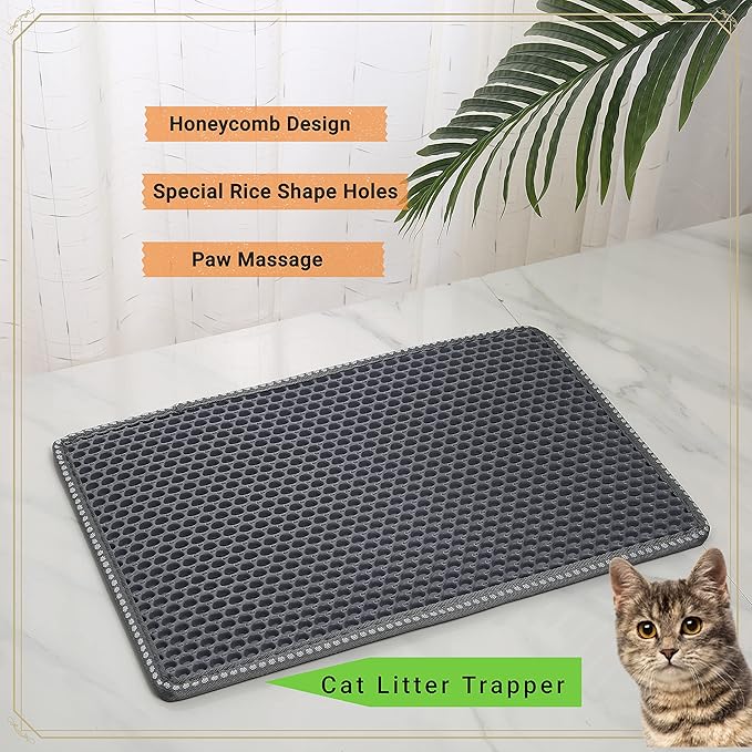 Cat Litter Mat, Kitty Litter Trapping Mat, Double Layer Mats with MiLi Shape Scratching design, Urine Waterproof, Easy Clean, Scatter Control 21'' x 14'' (Grey) (MSD)