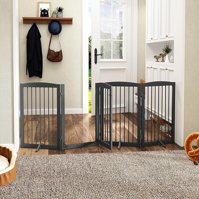 Freestanding Dog Gates with Door Walk Through, Pet Gate for Stairs, 80 inch Wide Gates Indoor, Dog Fences Indoor, Support Feet Included, 4 Panels, 32" Tall, Grey