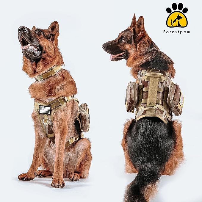 Forestpaw Tactical Dog Harness Tactical Dog Collar with Bungee Leash Set,No Pull Military Dog Harness for Walking Training,Adjustable for Medium Large Dogs,Camouflage Brown,Chest 19.5-41.5"