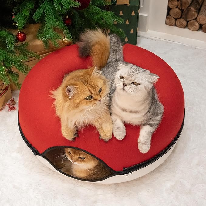 Cattasaurus Peekaboo Cat Cave Donut for Multiple & Large Cats up to 30-45 lbs, 3-in-1 Self Warming Cat Bed, Tunnel & Scratcher for Indoor Cats, Washable & Detachable Dog Bed (Ruby Snowball, Large)