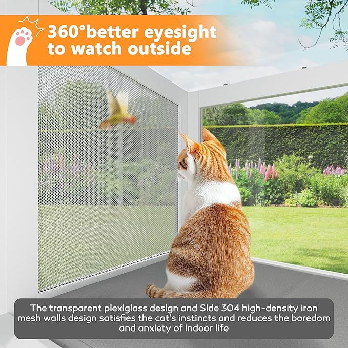 BlueWish Catio Outdoor Cat Enclosure, Cat Window Perch with Waterproof Transparent Top Fits Vertical Window Frames 26" to 42" Wide, Window Box for Sunbathing, Napping & Overlooking