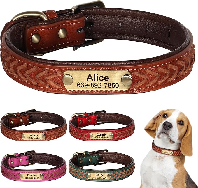 Personalized Dog Collars Custom Premium PU Leather Dog Collar with Name and Phone Number Engraved Name Plate for Small Dogs Customized Customizable Adjustable Dog Collar, Brown,S(10-12")