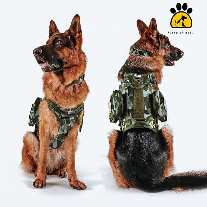Forestpaw Tactical Dog Harness Tactical Dog Collar with Bungee Leash Set,No Pull Military Dog Harness for Walking Training,Adjustable for Medium Large Dogs,Camouflage Green,Chest 15.5-25.5"