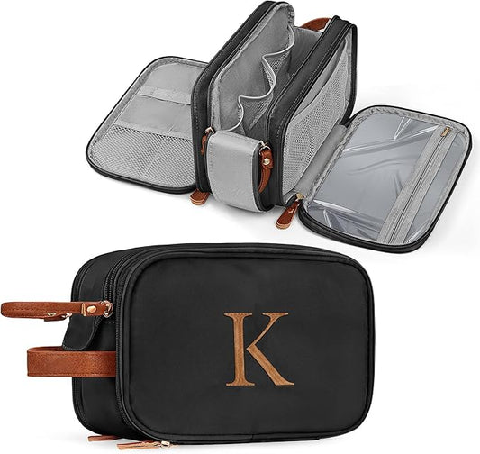 YOOLIFE Travel Toiletry Bag for Men - Christmas Gifts for Men | Personalized Birthday Gifts for Mens Dad Husband Boyfriend | Travel Accessories Toiletries Water Resistant Dopp Kit Letter K Black