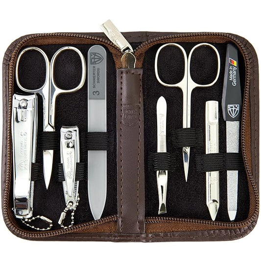 3 Swords Germany - brand quality 8 piece manicure pedicure grooming kit set for professional finger & toe nail care genuine leather case in gift box, Made in Germany