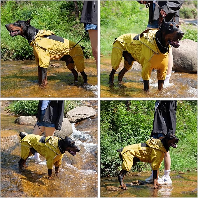 LOVELONGLONG Waterproof Dog Raincoat with Removable Hood – Outdoor Full Body Dog Jacket, Windproof Snowproof Shell Suit – All Season Pet Rain Gear Mustard Yellow L