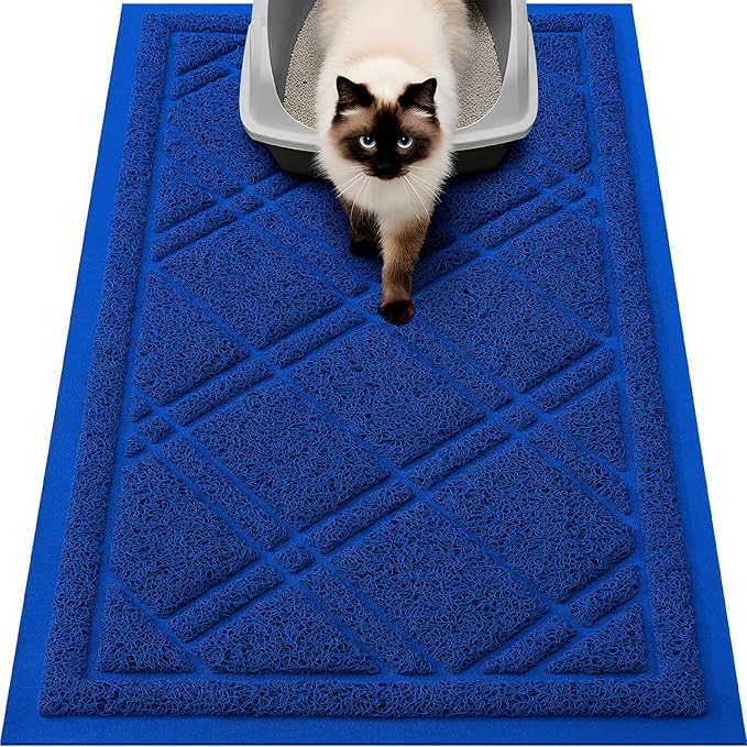 Smiry Cat Litter Box Mat 30x17, Non-Slip Water Resistant Litter Trapping Mat, Easy Clean Less Waste and Urine-Locking Cat Carpet for Indoor, Blue
