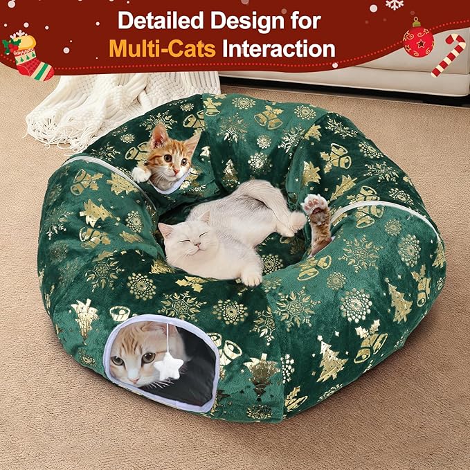 Cat Tunnel Bed for Indoor Cats, L Christmas Tree Skirts Washable Warm Soft Indoor Cat Donut Tunnel, Multifunctional Cat Interactive Playground Toys for Felines Pet Christmas Tree Decoration