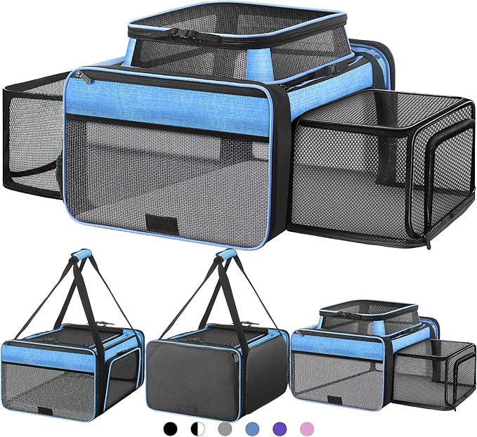 Top and 2 Sides Expandable Large Cat Carrier 18x13.5x9.5, TSA Airline Approved Dog Carriers for Large Dogs, Soft-Sided Pet Carrier with Self-Locking Zippers for Kitten,Rabbit, Puppy, Guinea Pig Blue