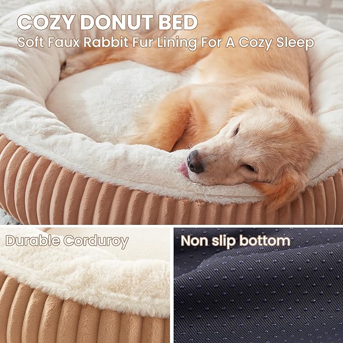 36 inches Donut Dog Bed for Large Dogs - Calming Round Pet Bed with Removable Cover,Washable Milk Plush Faux Fur, Fits Pets up to 80 lbs(Brown,Large)