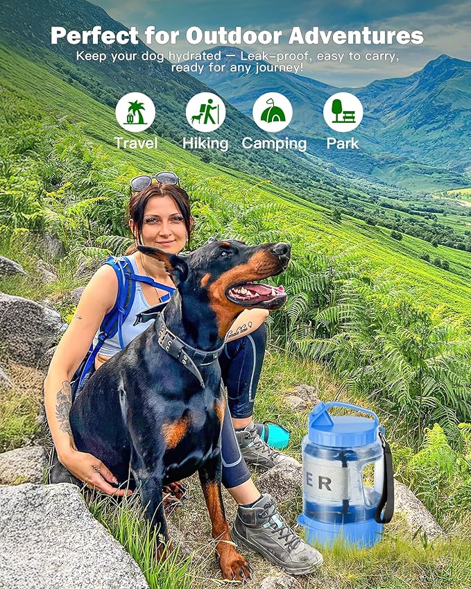 Large Dog Water Bottle Portable Bowl - 77oz Dog Travel Water Dispenser with Pull Out Bowl, Ideal for Hiking, Camping, Parks, Leak-Proof BPA-Free Outdoor Pet Bottle for Large Pets, Blue
