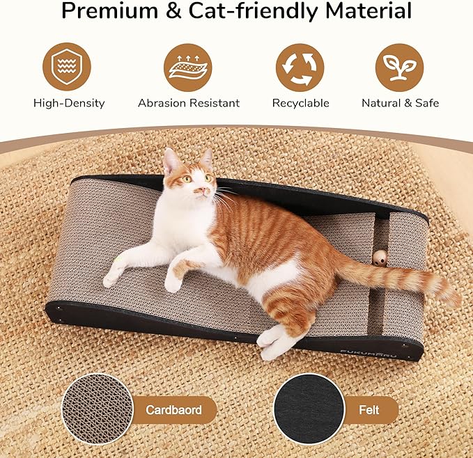 FUKUMARU Cardboard Cat Scratcher Bed, Extra Long 29.1 Inch Cat Scratch Bed Couch Indoor, Natural Felt Multifunctional Cats Scratching Lounger, Horizontal Kitten Cats Scratch Pad with Ball Toy, Black