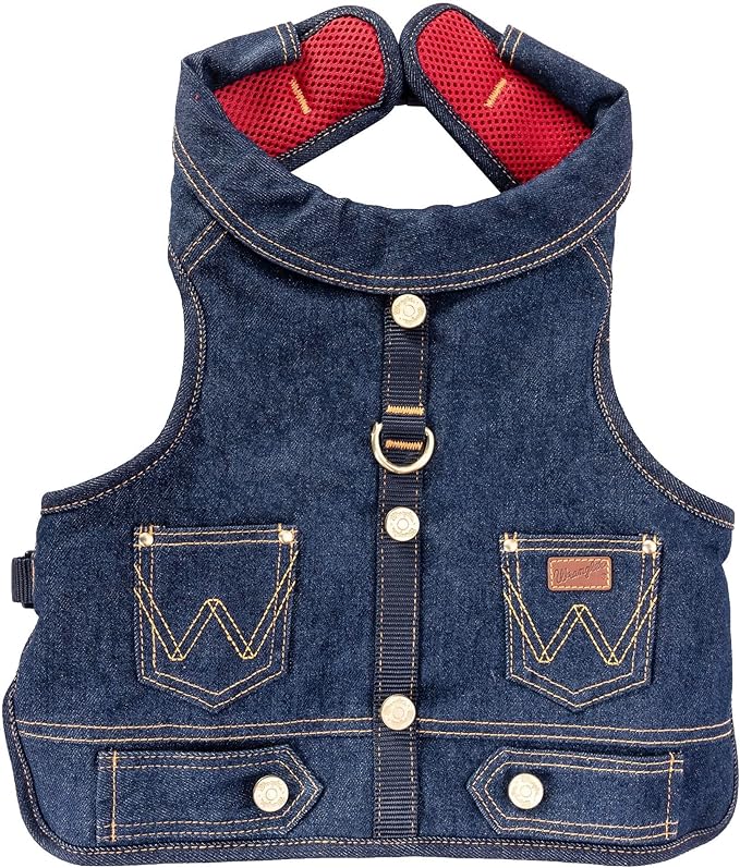 Wrangler Rope Denim Dog Vest Harness – Breathable Dog Vest with Mesh Lining - Machine Washable Dog Winter Jacket for Easy Cleaning, Layer Over Dog Sweater (Dark Wash, L)