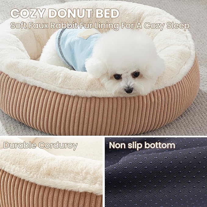 23 inches Donut Dog Bed for Small Dogs - Calming Round Puppy Bed with Removable &Washable Cover, Plush Faux Fur & Corduroy Pet Bed for Cats, Fits Pets up to 15 lbs(Brown,Small)