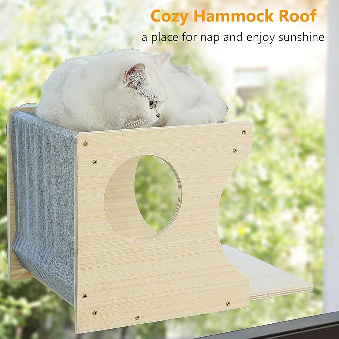 Window Cat Perch Shelves for Inside, Sturdy Wood Climbing Seat Mounted with Heavy Duty Suction Cups, Corner Window Bed for Overlooking and Sleeping(Right)