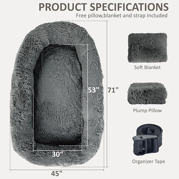 71" Human Dog Bed for Adult, Giant Orthopedic Memory Foam Dog Sofa Bed, Large Oversize Washable Faux Fur Pet Couch with Plump Pillow, Blanket, Strap - Dark Grey