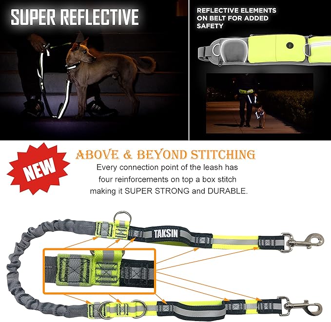 Additional Leash ONLY for TAKSIN The Ultimate Leash System, Super Reflective Leash W/Shock Absorbing Bungee & Two Padded Handles, 4FT Plus Stretch (Yellow, Leash Only)