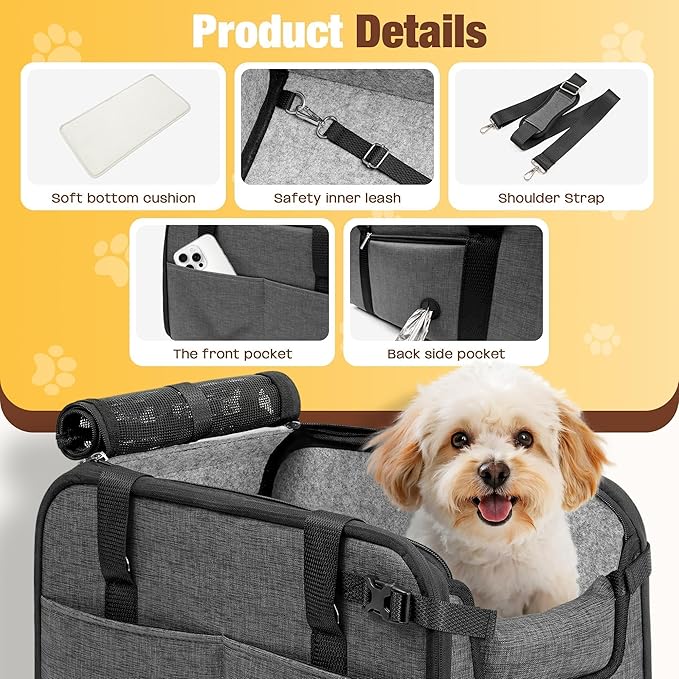 YUDODO Center Console Dog Car Seat, Anti-Slip Pet Cat Booster Seat for Small Dogs, Portable Puppy Bed Carseat Carrier PU Leather Gray