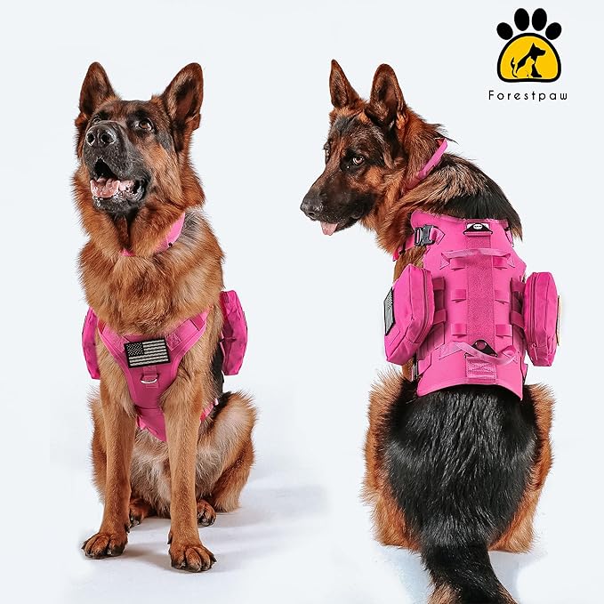 Forestpaw Pink Tactical Dog Harness for Large Dogs,Tactical Dog Collar with Bungee Leash Set,No Pull Military Dog Harness for Walking Training,Adjustable for Medium Large Dogs,Chest 15.5-25.5"