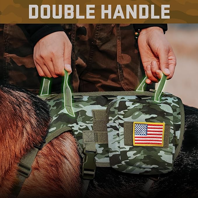 Forestpaw Tactical Dog Harness Tactical Dog Collar with Bungee Leash Set,No Pull Military Dog Harness for Walking Training,Adjustable for Medium Large Dogs,Camouflage Green,Chest 15.5-25.5"