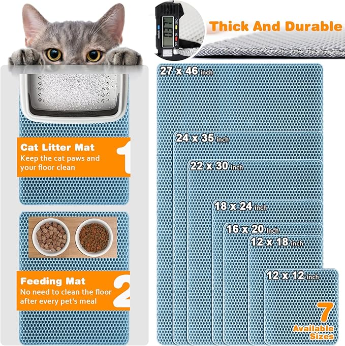 Waterproof Cat Litter Mat, Double Layer EVA, Odor-Free Large Grid, Urine Proof, Easy Cleanup (Blue, 12 x 12)