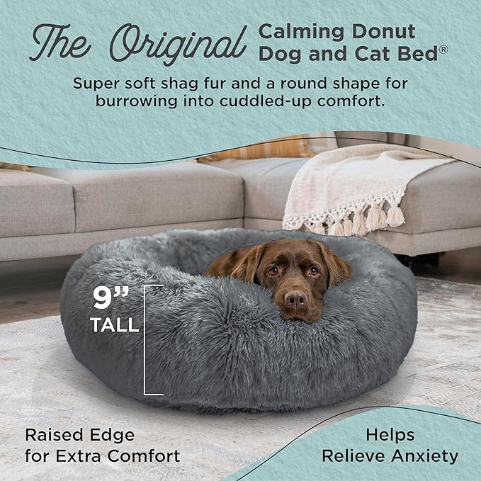 Best Friends by Sheri The Original Calming Donut Dog Bed – Washable Plush Pet Bed for Large Breeds up to 100 lbs, Shag Faux Fur, Gray, Large (36" x 36")