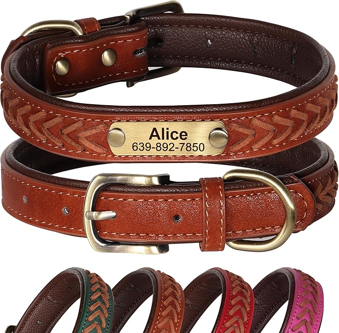 Personalized Dog Collars Custom Premium PU Leather Dog Collar with Name and Phone Number Engraved Name Plate for Medium Dogs Customized Customizable Adjustable Dog Collar, Brown,M(11-14")