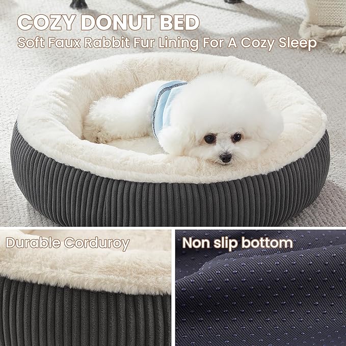 23 inches Donut Dog Bed for Small Dogs - Calming Round Puppy Bed with Removable &Washable Cover, Plush Faux Fur & Corduroy Pet Bed for Cats, Fits Pets up to 15 lbs(Dark Grey,Small)