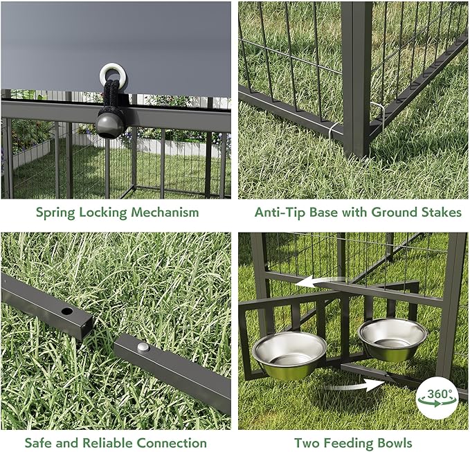 Heavy Duty Outdoor Dog Kennel for Yard, 6x6 Small Steel Chain Link Fence with Roof, Dog Run Enclosure with Feeding Bowl & Self-Locking Latch