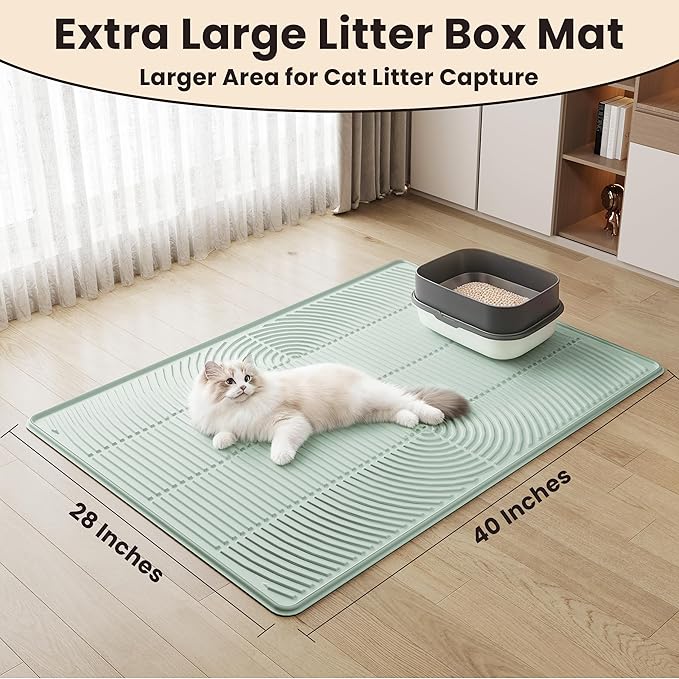 Cat Litter Mat, 40" x 28" Extra Large Silicone Litter Box Mat for Floor, Pet Trapping Litter Rug Pad, Soft Cat Paws, Easy to Clean, Waterproof/Urine-Proof, Garbage Recyclable (Green)