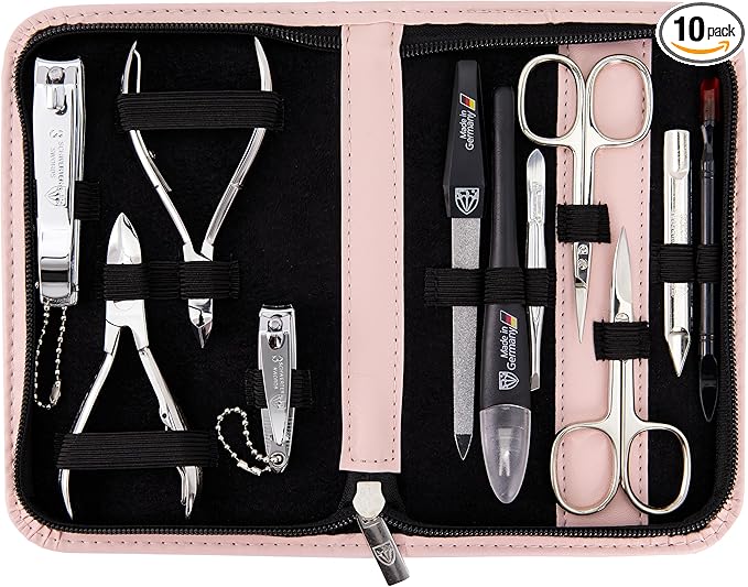 3 Swords Germany - brand quality 10 piece manicure pedicure grooming kit set for nail care scissors clipper pink synthetic leather case - Made by 3 Swords