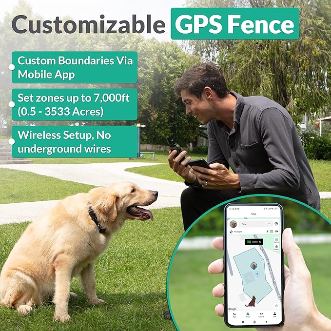 GPS Wireless Dog Fence System Collar – 2-in-1 Remote or App Controlled Boundary and Training GPS Dog Collar with 4 Training Modes – Covers up to 7000 Ft (3533 Acres)