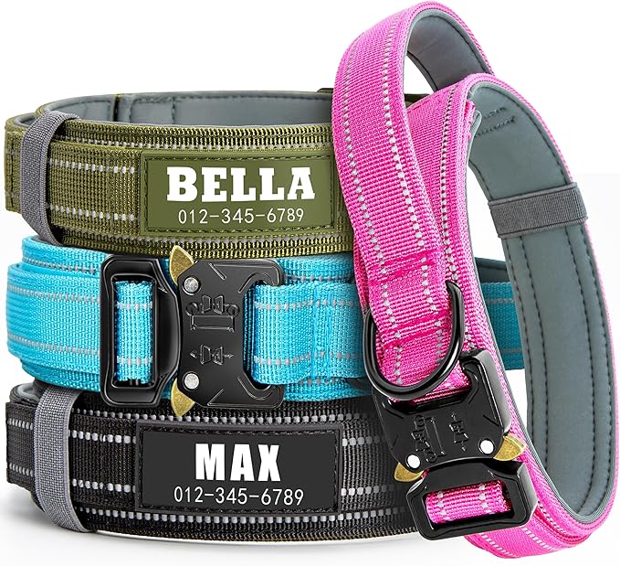Personalized Tactical Dog Collar with Control Handle, Custom Name & Phone, Neoprene-Padded Lining, Reflective Strips, Heavy-Duty Thick Nylon, Metal Buckle, for Medium & Large Dogs