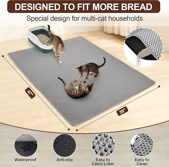 Jumbo Cat Litter Mat (47" x 39"), Large, Double Layer, Waterproof, Non-Slip, Odor-Free, Easy to Clean, Gray