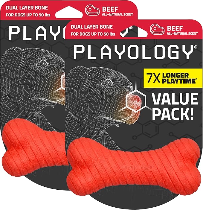 Playology Dog Toys | Dual Layer Bone Chew Toy Bone for Dogs (Value 2-Pack) | Medium Beef Scented Toy - Easy to Clean and Made from Non Toxic Materials