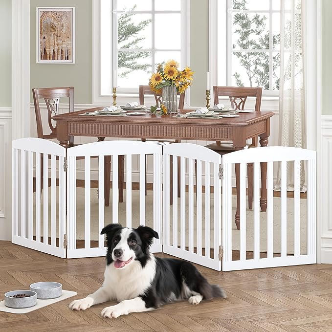 SPIRICH 96" Extra Wide 28" Tall Wooden Freestanding Foldable Dog Gate, Pet Gate Indoor, 4 Panels, White