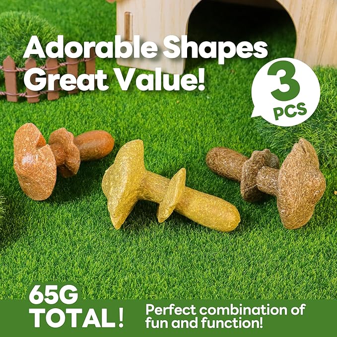 TEEWY 3PCS Guinea Pig Chew Toys, Prevent Teeth Overgrowth, Natural Timothy Grass & Vegetables, Hamster Chew Toys, Guinea Pig Toys, Chinchilla Toys, Mushroom-Shaped