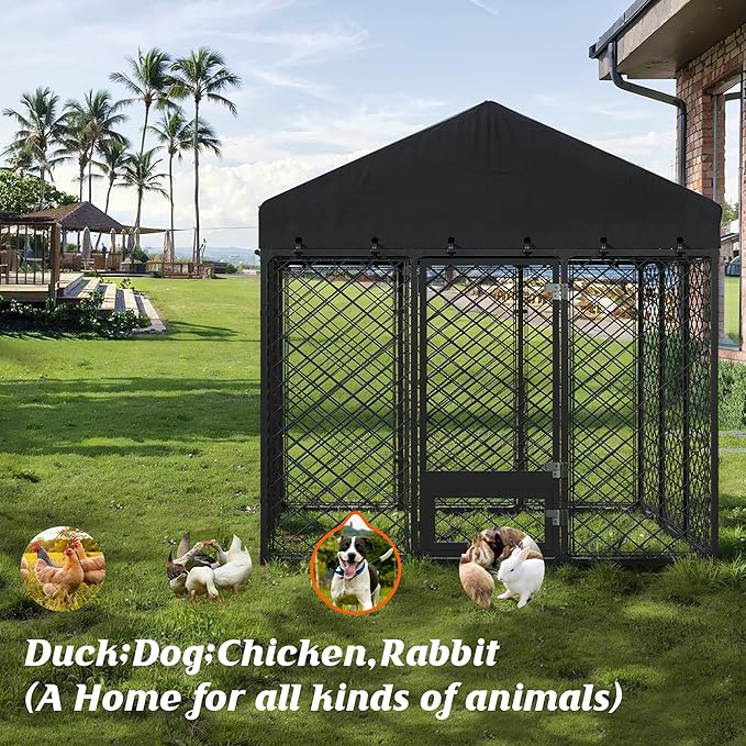 6x6FT Heavy Duty Outdoor Dog Kennel with Roof – Large Dog Enclosure & Weatherproof Dog House, Secure Metal Fence Playpen with Double Lock & Feeding Swivel Door for Big Dogs