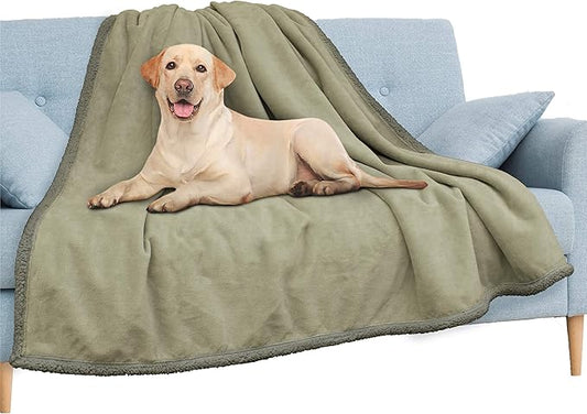 PAVILIA Waterproof Blanket for Couch, Sofa | Waterproof Dog Blanket for Large Dog, Puppy, Cat | Pet Blanket Protector | Plush Soft Warm Fuzzy Sherpa Blanket Bed Throw, Taupe, 90x90
