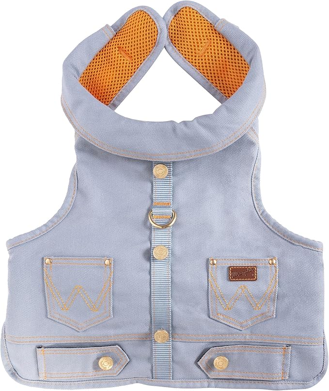 Wrangler Rope Denim Dog Vest Harness – Breathable Dog Vest with Mesh Lining - Machine Washable Dog Winter Jacket for Easy Cleaning, Layer Over Dog Sweater (Light Wash, S)