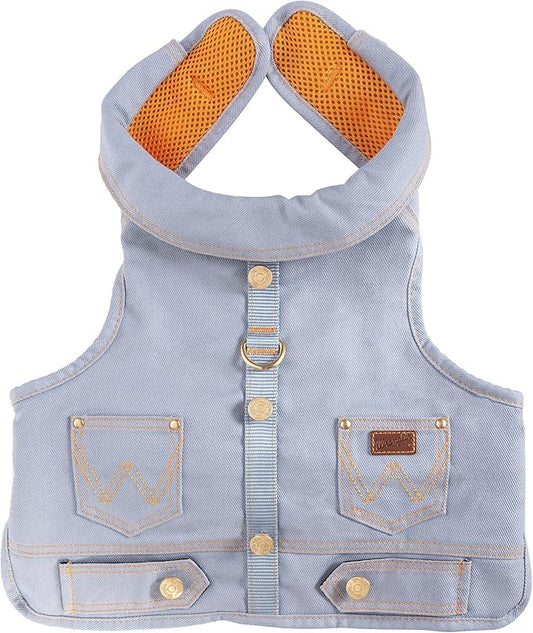 Wrangler Rope Denim Dog Vest Harness – Breathable Dog Vest with Mesh Lining - Machine Washable Dog Winter Jacket for Easy Cleaning, Layer Over Dog Sweater (Light Wash, S)