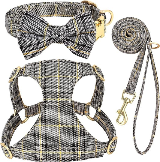 Beirui Cute Extra Small Dog Harness Collar and Leash Set with Bowtie, Soft Adjustable Plaid Puppy Harness for Small Sized Dogs Cats Walks Parties and Photoshoots(Gray,XXS:Chest 12-14")